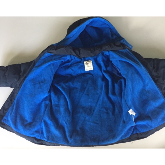 3T Old Navy Blue Puffy Coat with Fleece Lining and Detachable Hood - Picture 3 of 4